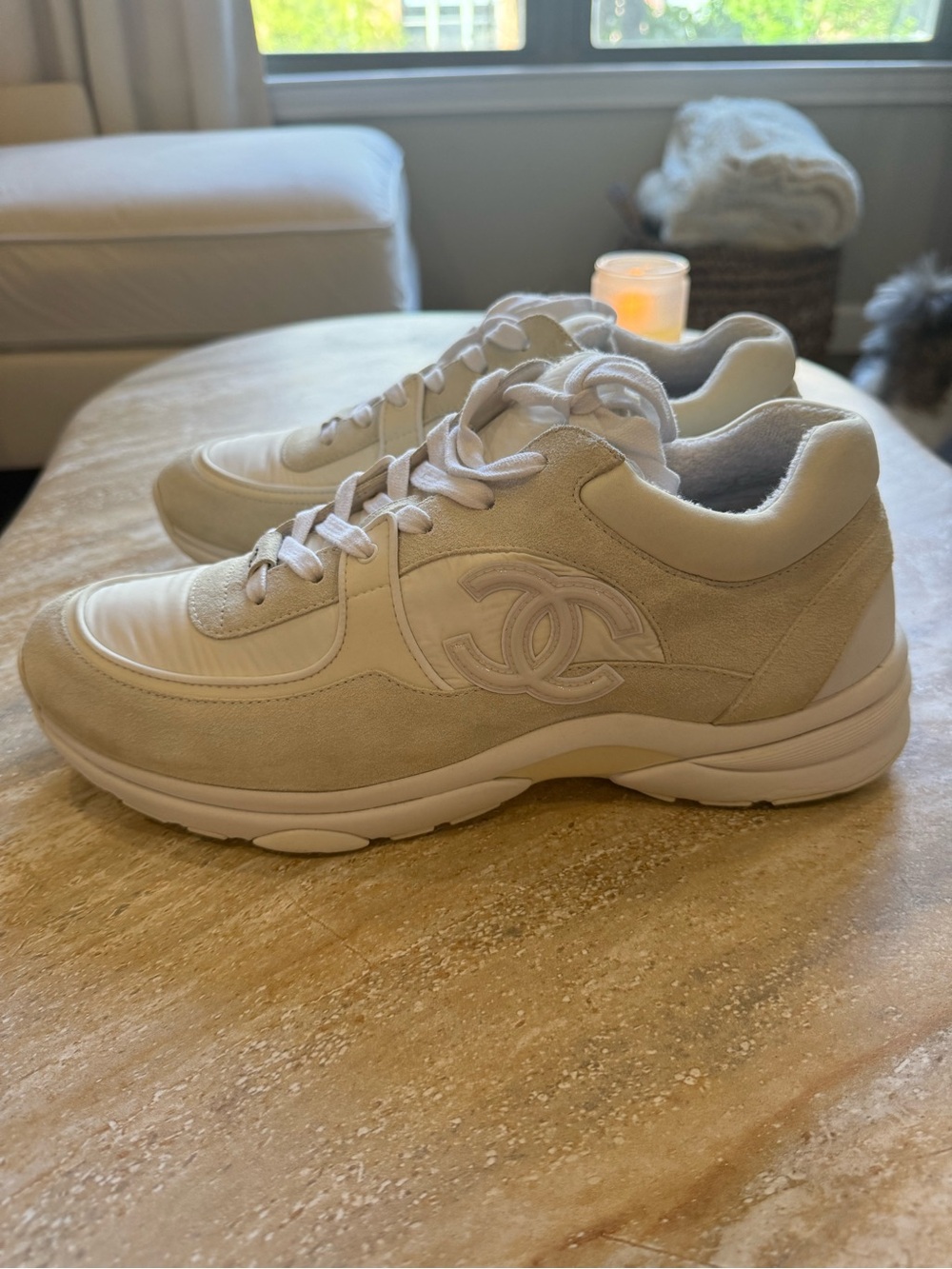 CHANEL Cream & White Suede CC Logo Athletic Sneakers
